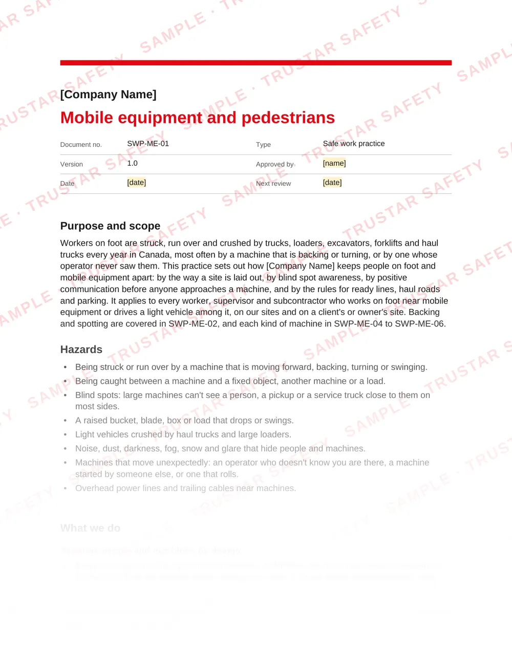 Page 1 of SWP-ME-01 Mobile equipment and pedestrians, a safe work practice in the Mobile equipment and vehicles pack