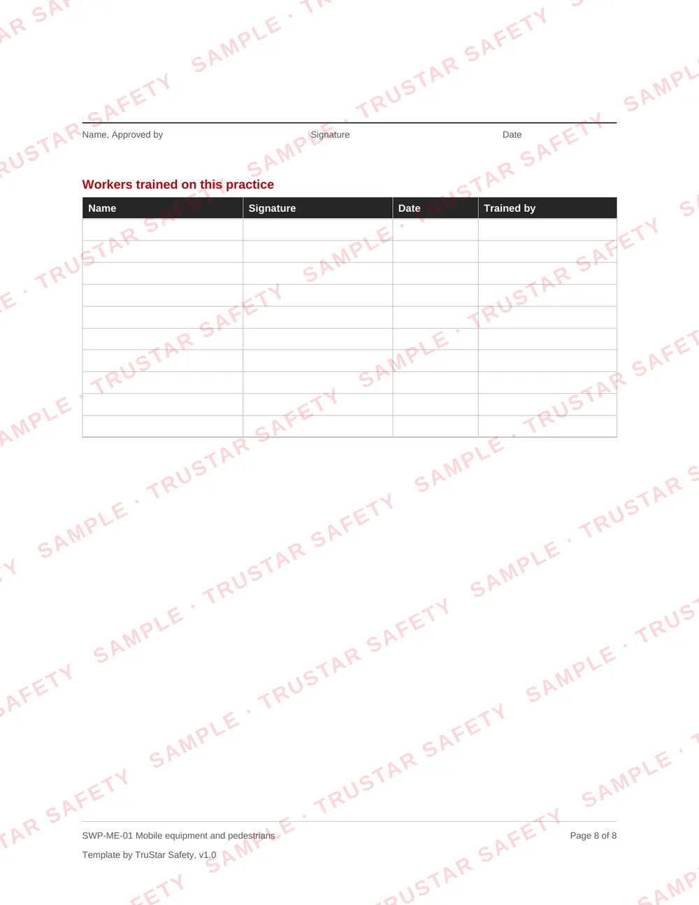 Review and sign-off page of SWP-ME-01 Mobile equipment and pedestrians, with the workers trained table
