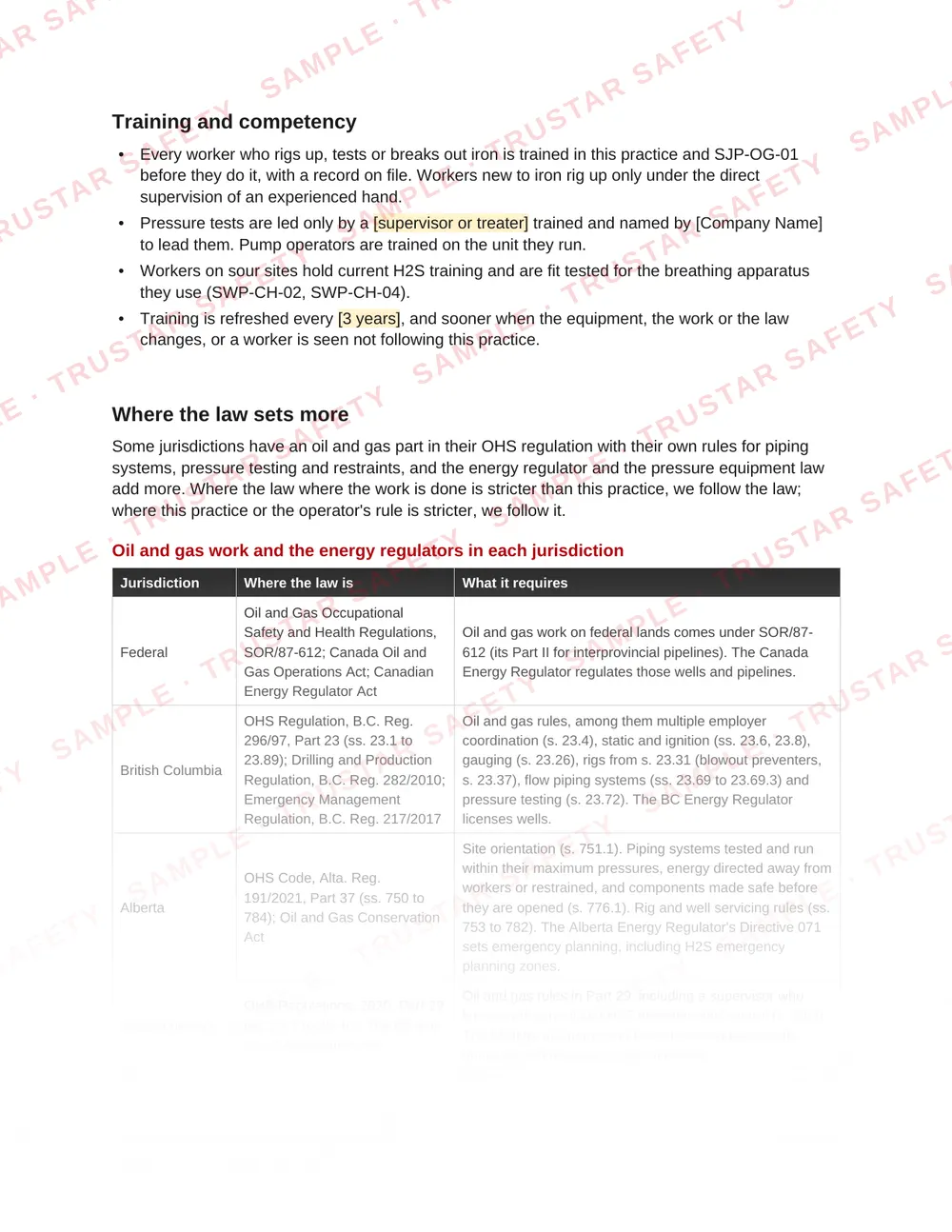 Oil and gas work and the energy regulators in each jurisdiction: the law table from SWP-OG-01 Pressure, iron and high-pressure lines