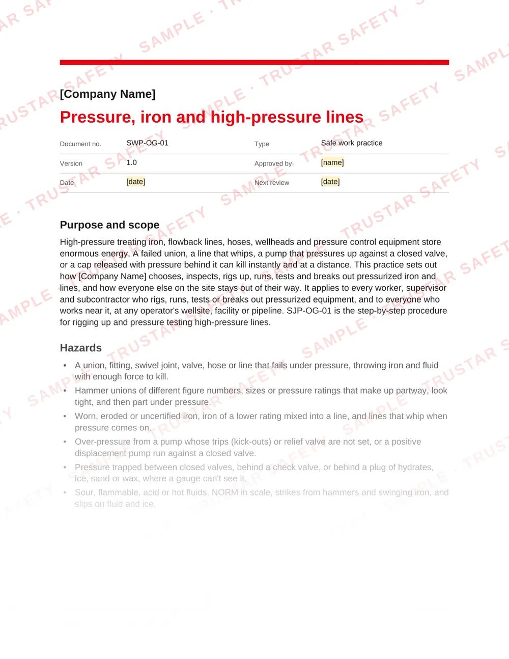 Page 1 of SWP-OG-01 Pressure, iron and high-pressure lines, a safe work practice in the Oil and gas field and plant work pack