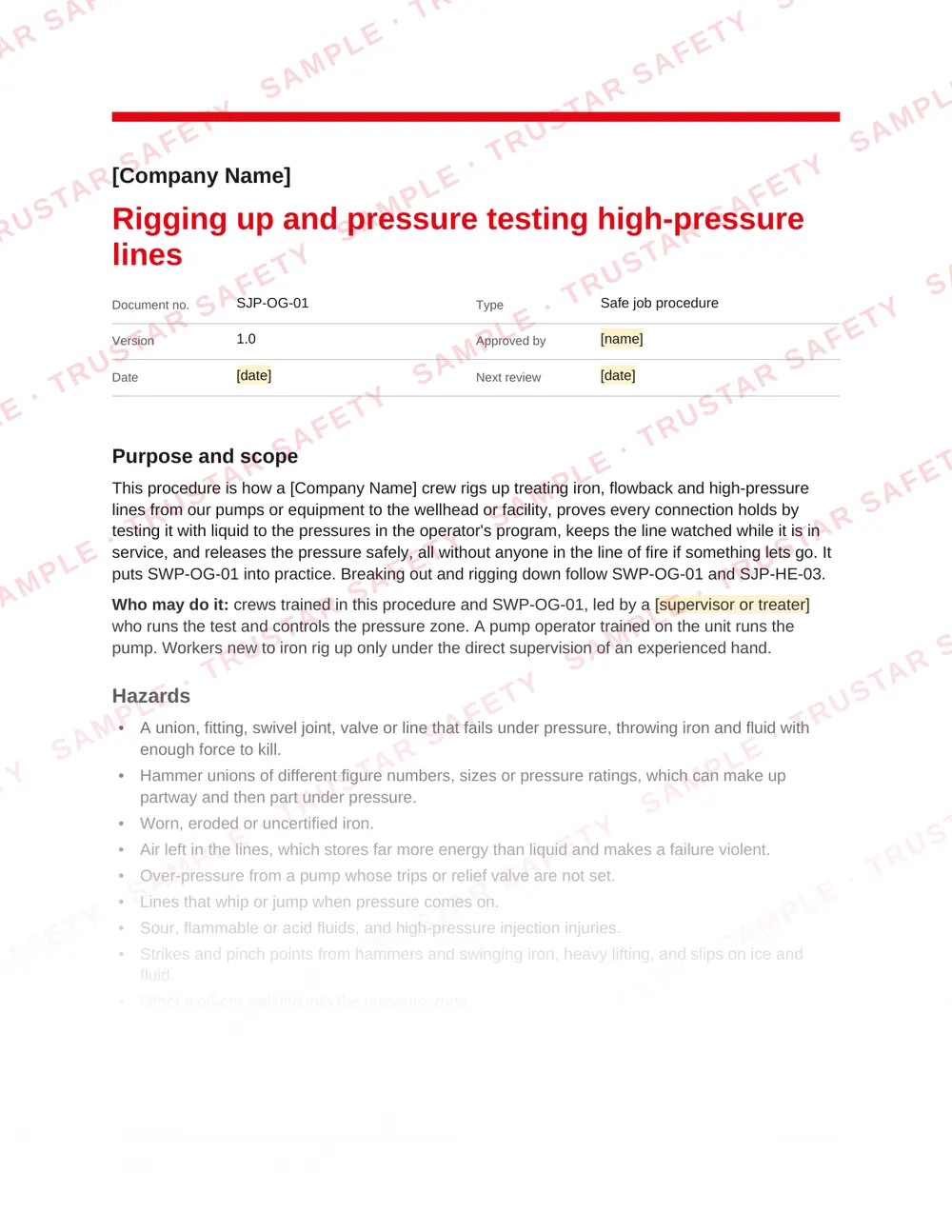 Page 1 of SJP-OG-01 Rigging up and pressure testing high-pressure lines, a safe job procedure in the Oil and gas field and plant work pack