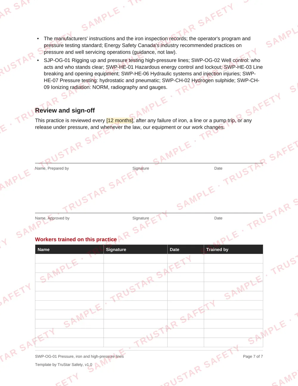 Review and sign-off page of SWP-OG-01 Pressure, iron and high-pressure lines, with the workers trained table