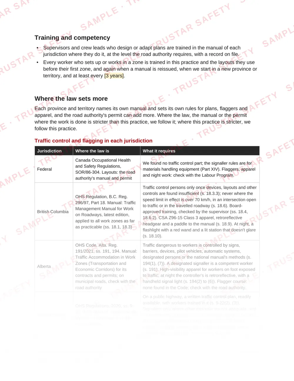 Traffic control and flagging in each jurisdiction: the law table from SWP-RD-01 Traffic control plans and layouts