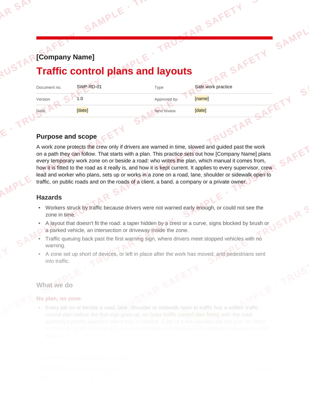 Page 1 of SWP-RD-01 Traffic control plans and layouts, a safe work practice in the Roadside and traffic control pack