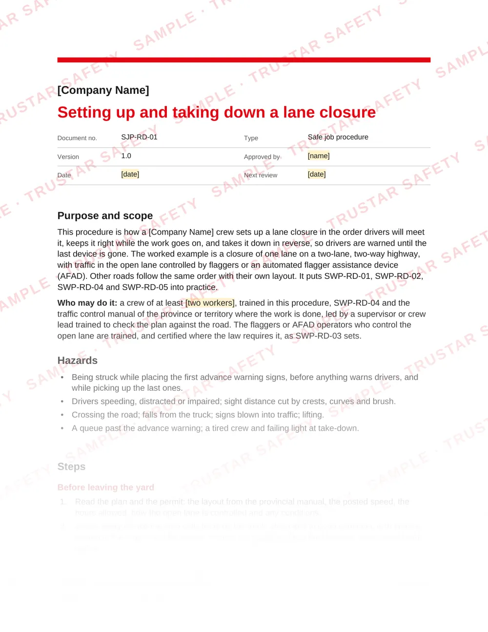 Page 1 of SJP-RD-01 Setting up and taking down a lane closure, a safe job procedure in the Roadside and traffic control pack