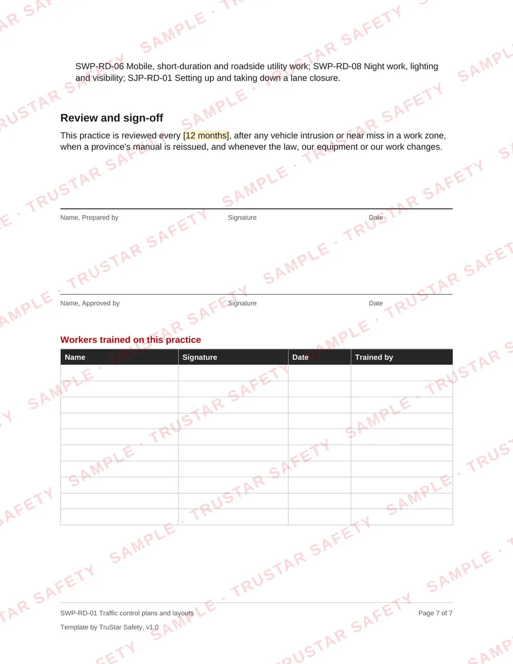 Review and sign-off page of SWP-RD-01 Traffic control plans and layouts, with the workers trained table