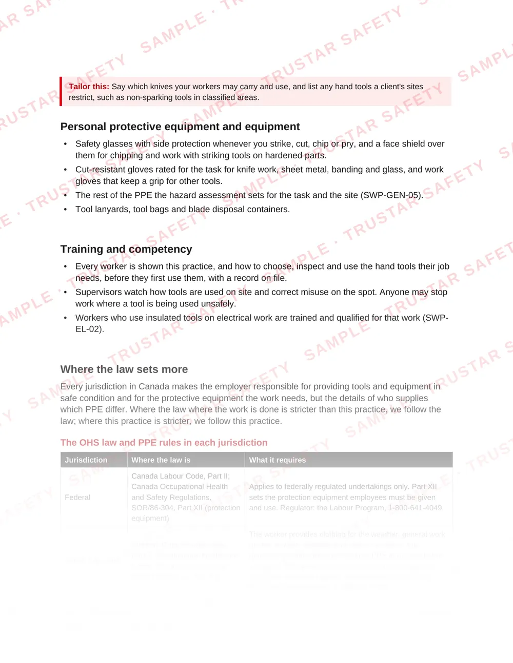 The OHS law and PPE rules in each jurisdiction: the law table from SWP-TL-01 Hand tools