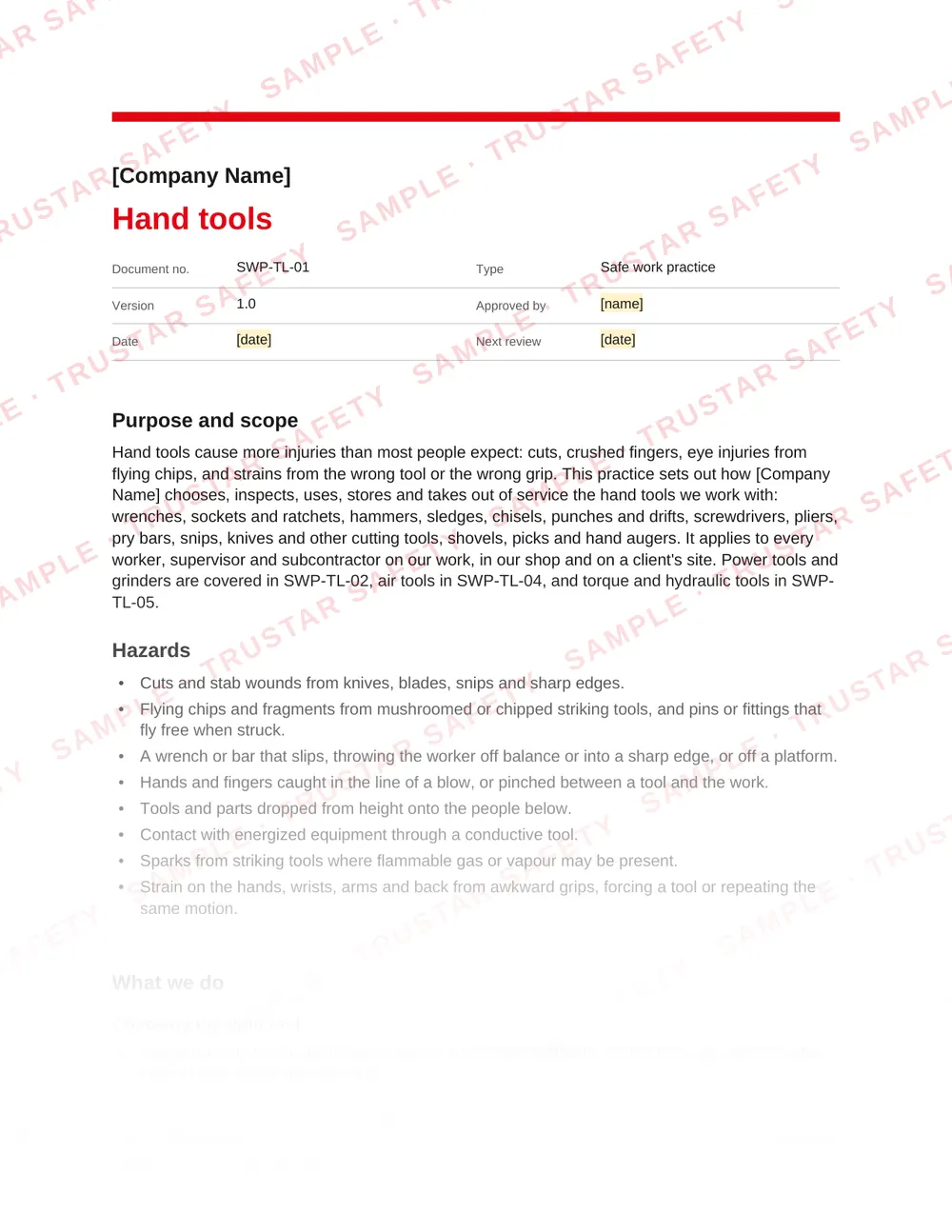 Page 1 of SWP-TL-01 Hand tools, a safe work practice in the Tools, shop and maintenance pack