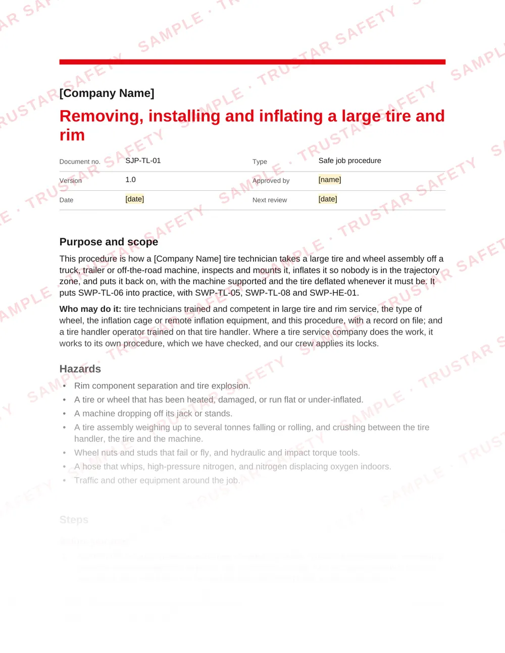 Page 1 of SJP-TL-01 Removing, installing and inflating a large tire and rim, a safe job procedure in the Tools, shop and maintenance pack