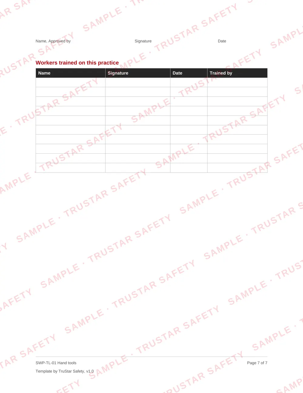 Review and sign-off page of SWP-TL-01 Hand tools, with the workers trained table