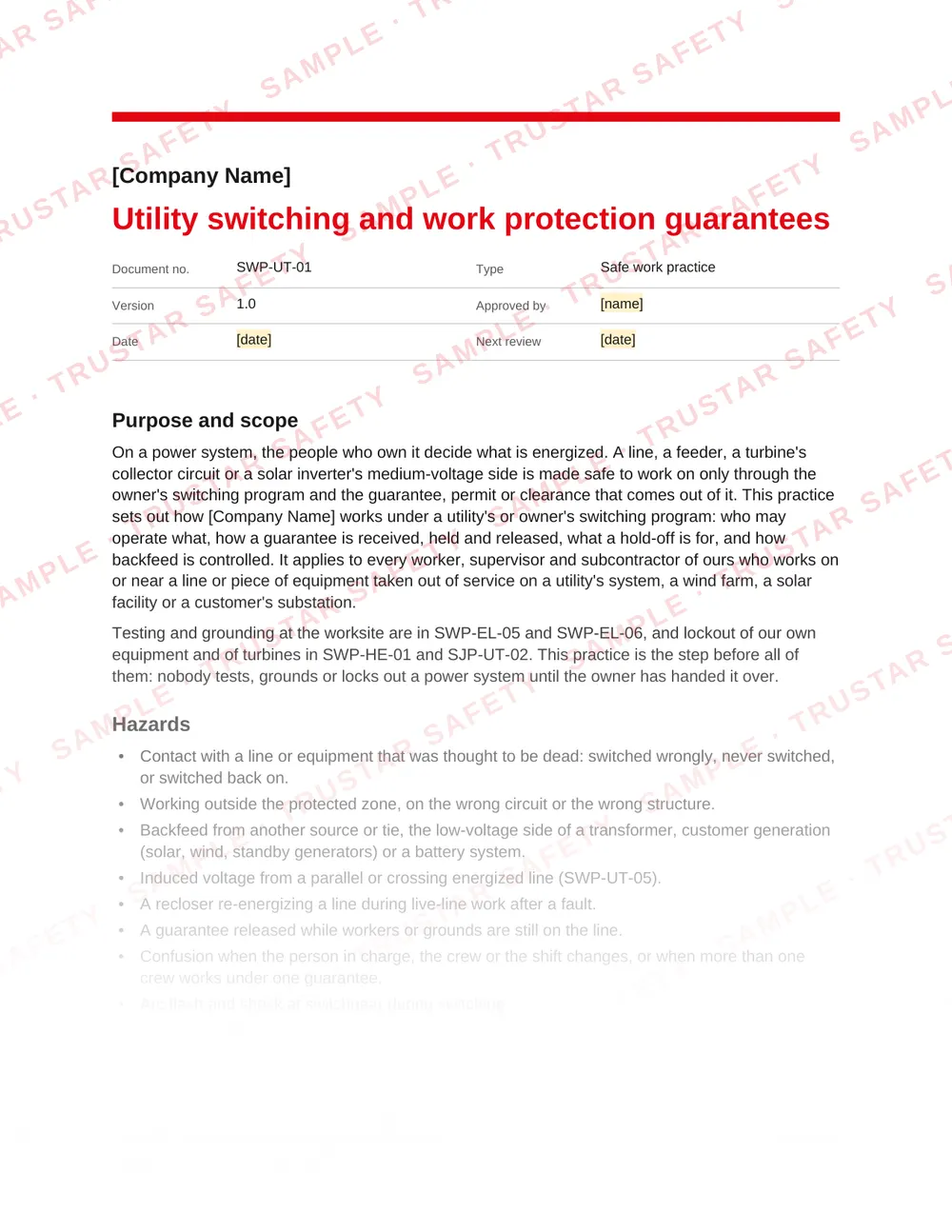Page 1 of SWP-UT-01 Utility switching and work protection guarantees, a safe work practice in the Utilities, towers and renewables pack