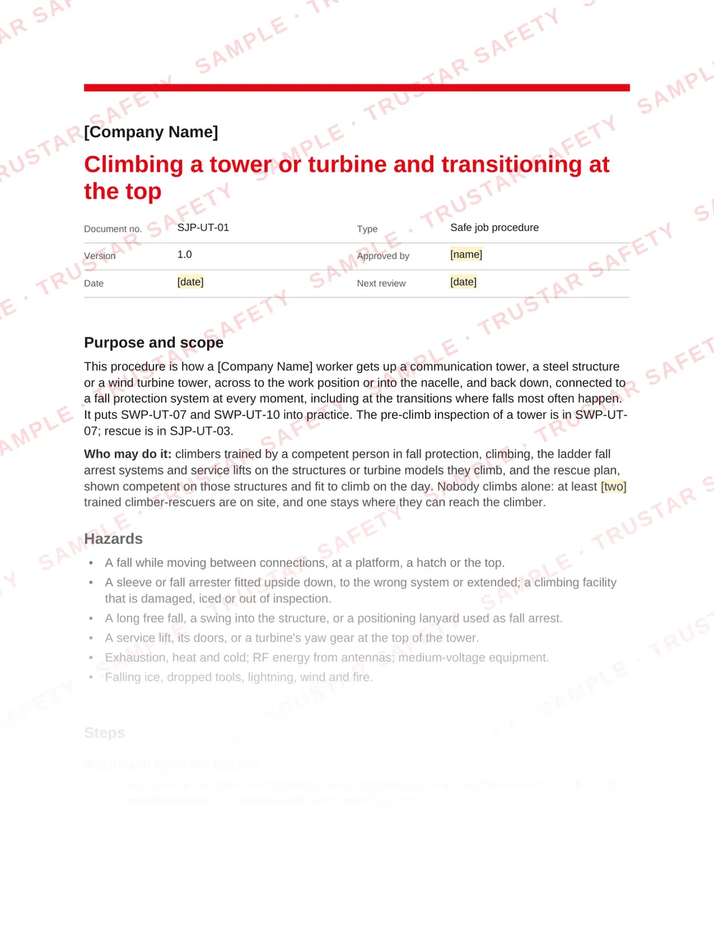 Page 1 of SJP-UT-01 Climbing a tower or turbine and transitioning at the top, a safe job procedure in the Utilities, towers and renewables pack