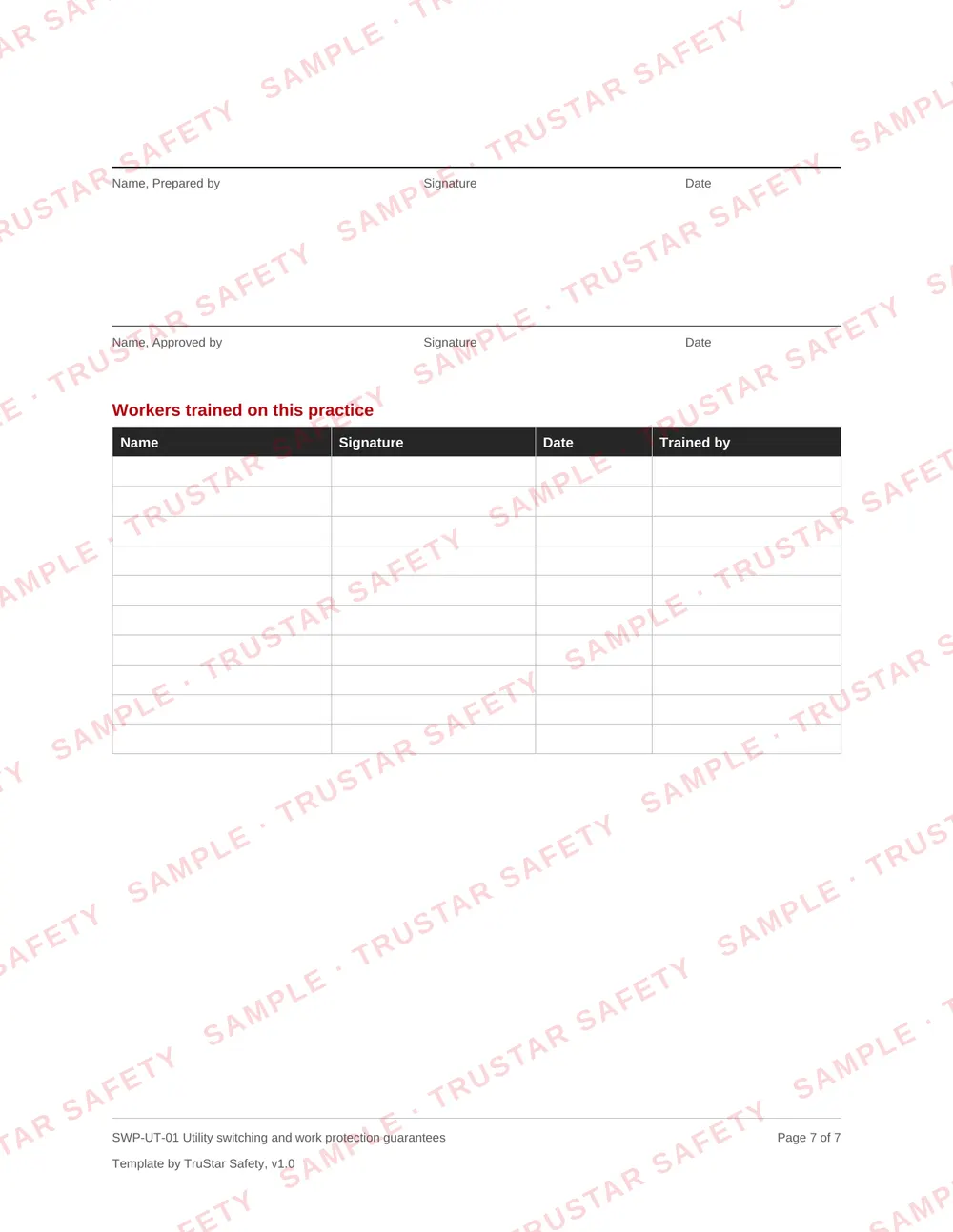 Review and sign-off page of SWP-UT-01 Utility switching and work protection guarantees, with the workers trained table