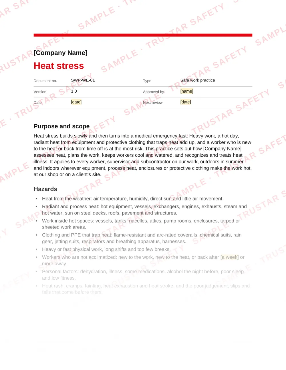 Page 1 of SWP-WE-01 Heat stress, a safe work practice in the Weather, environment and wildlife pack