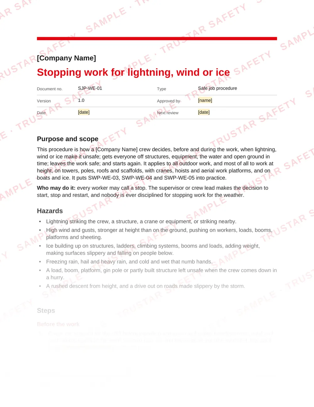 Page 1 of SJP-WE-01 Stopping work for lightning, wind or ice, a safe job procedure in the Weather, environment and wildlife pack