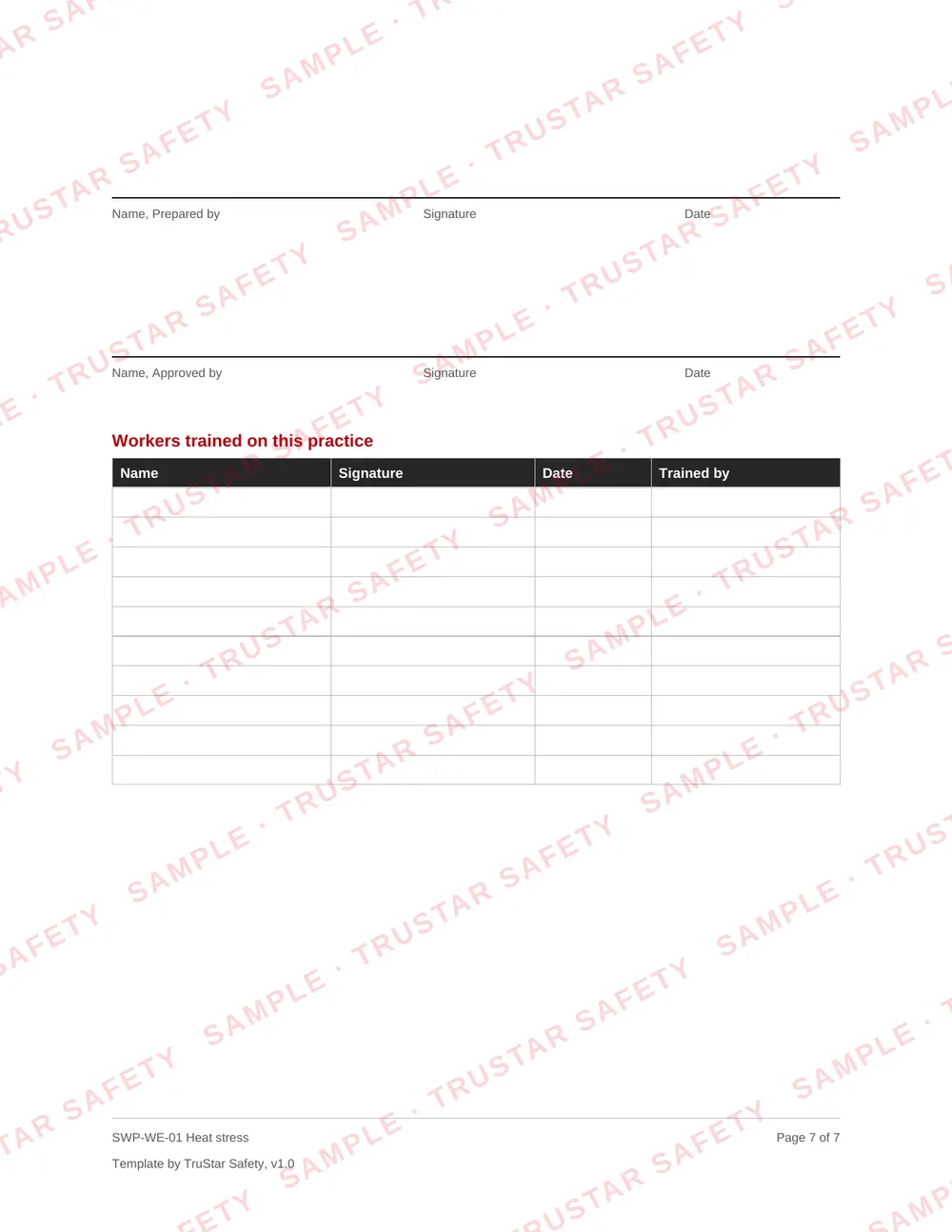 Review and sign-off page of SWP-WE-01 Heat stress, with the workers trained table