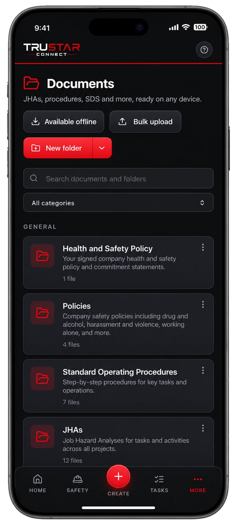 TruStar Connect documents library with policies, procedures, JHAs and SDS folders