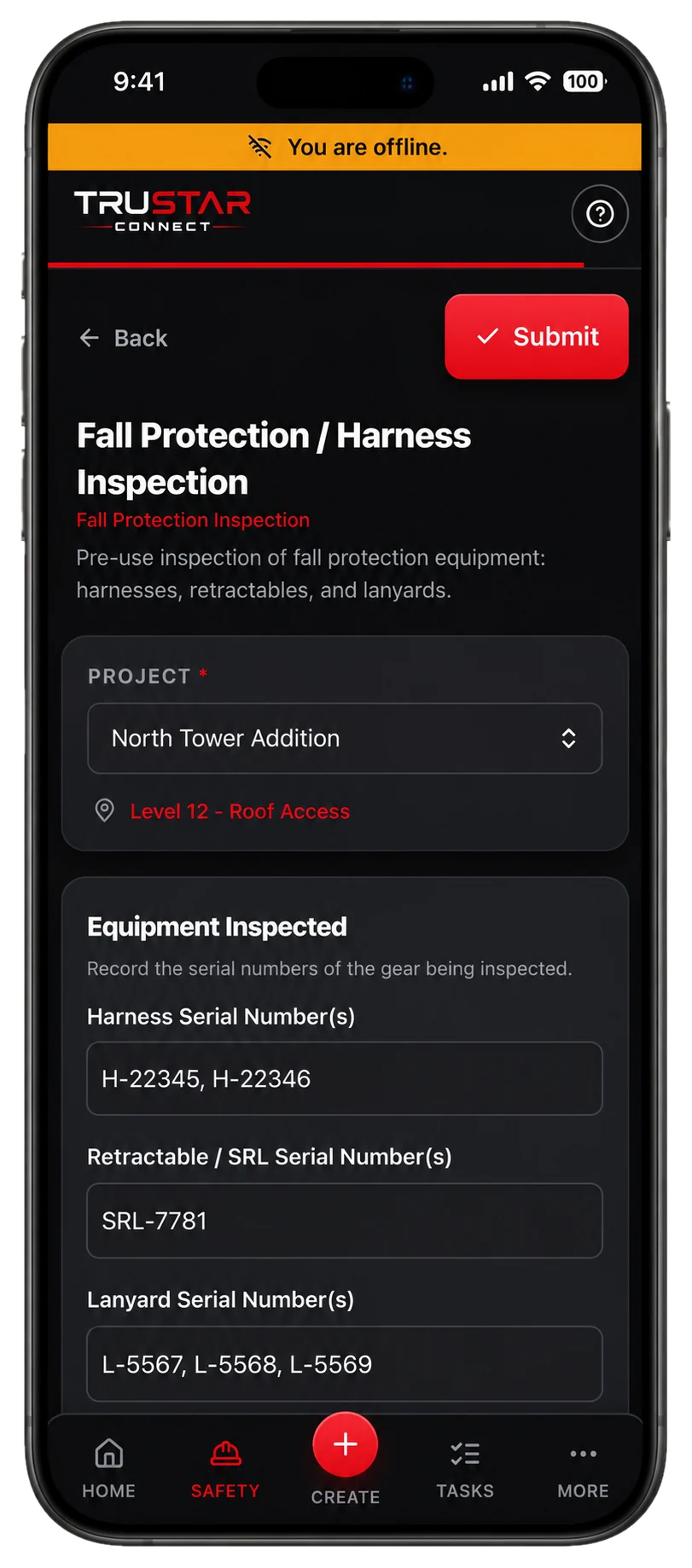 TruStar Connect inspection being completed offline with an offline banner shown