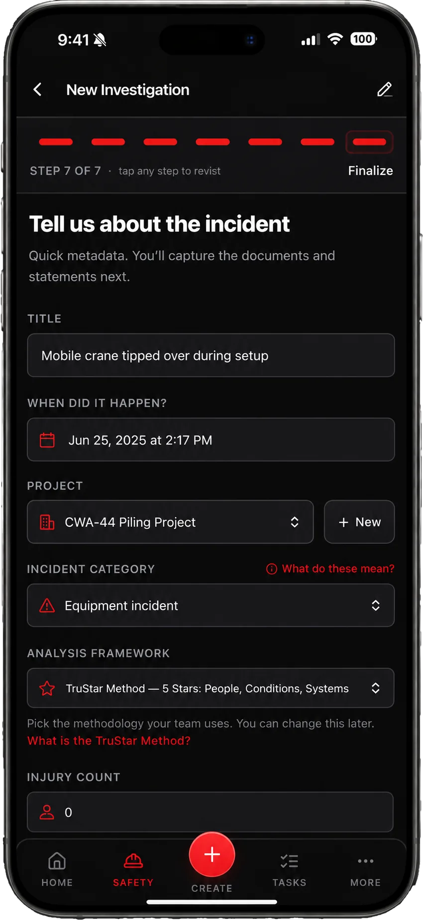 TruStar Connect new incident investigation screen with title, date, project, incident category, and the TruStar Method analysis framework selected