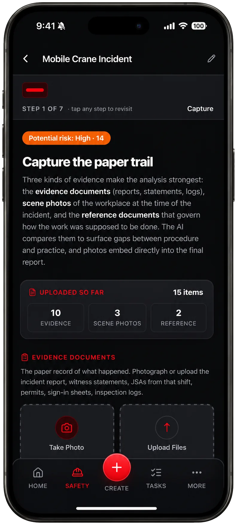 TruStar Connect evidence capture screen showing counts of evidence documents, scene photos, and reference documents uploaded