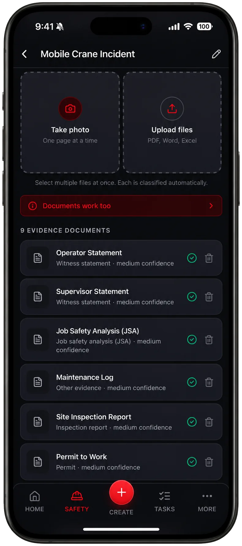 TruStar Connect evidence documents list with witness statements, JSA, maintenance log, inspection report, and permit, each classified automatically