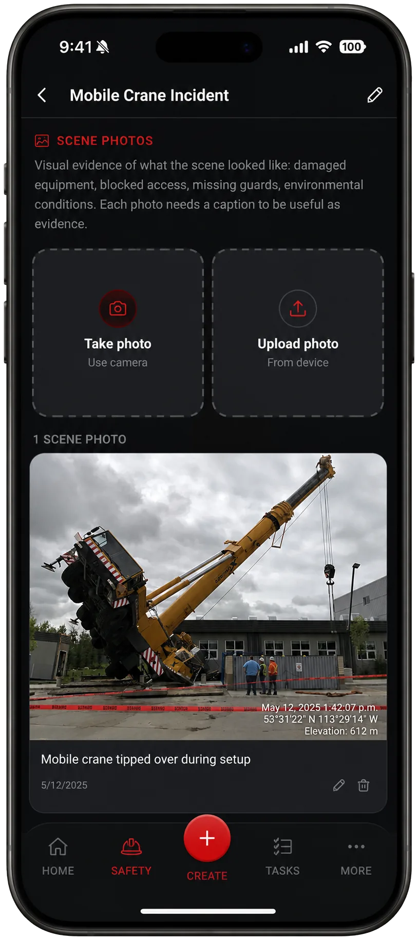 TruStar Connect scene photo of a tipped mobile crane with timestamp, GPS coordinates, and elevation stamped on the image