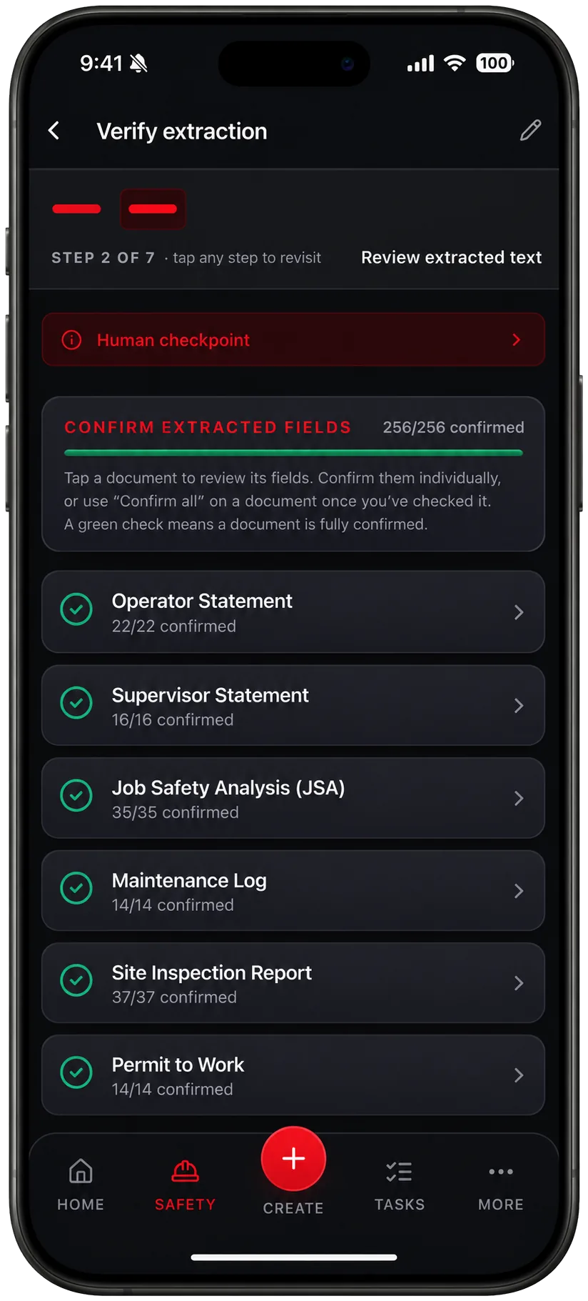 TruStar Connect verify extraction screen showing 256 of 256 extracted fields confirmed by a human reviewer across six documents