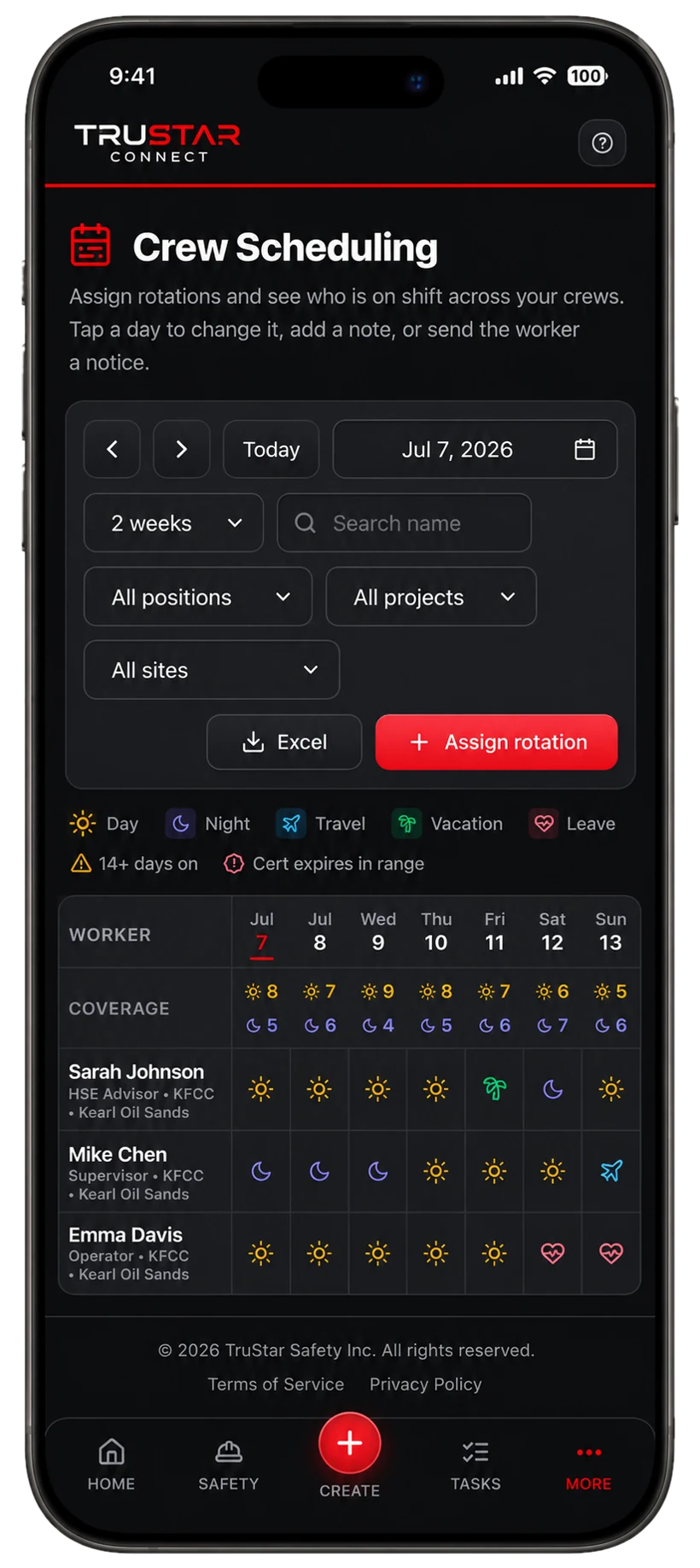 TruStar Connect crew scheduling matrix showing worker rotations and coverage