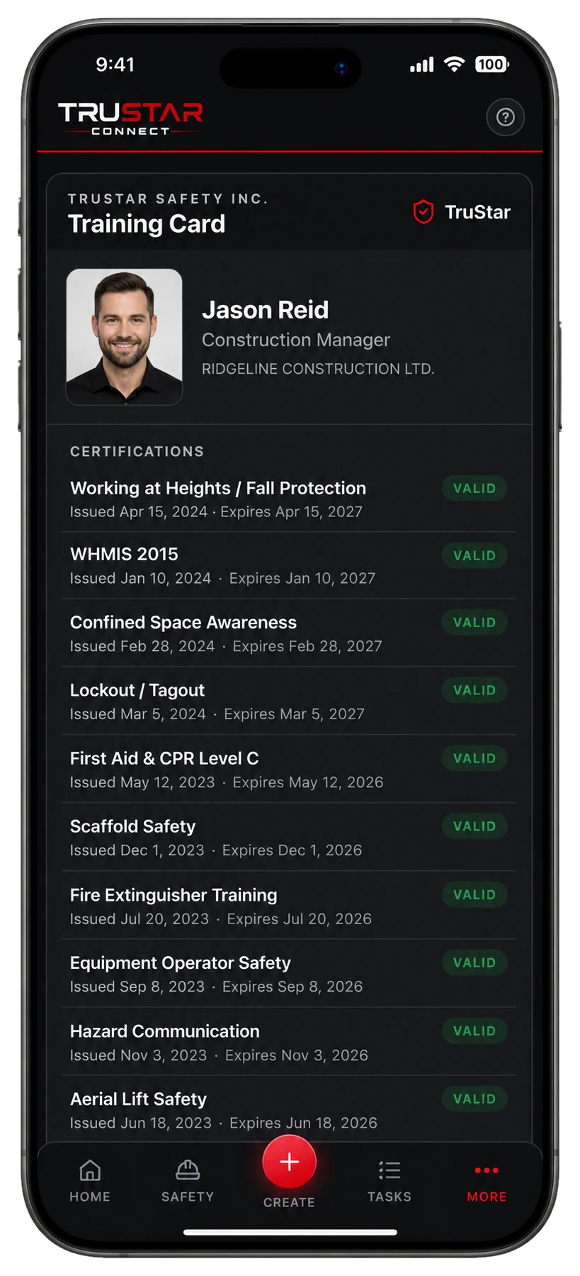TruStar Connect digital training card for a worker listing certifications with valid status